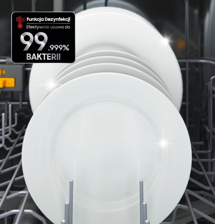 Samsung Bespoke DW60BB890UAPET beépíthető mosogatógép fertőtlenítő funkcióval - a tiszta tányérokkal teli kibővített polc nézete