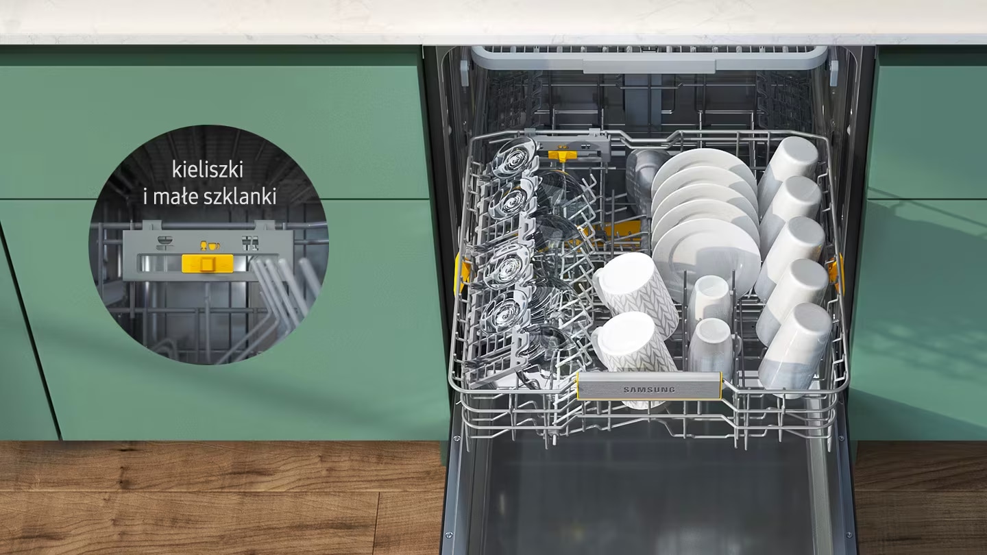Samsung Bespoke DW60BB890UAPET beépíthető mosogatógép Flex Load rendszerrel - a kibővített polc nézete a poharakhoz és kis poharakhoz való rendszerbeállítással