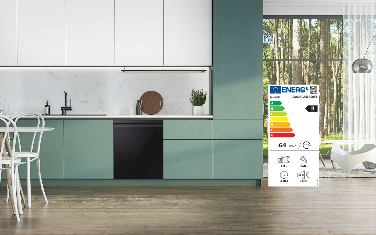 Samsung Bespoke DW60BB890UAPET beépíthető mosogatógép zöld-fehér konyhában, energiaosztály címkével