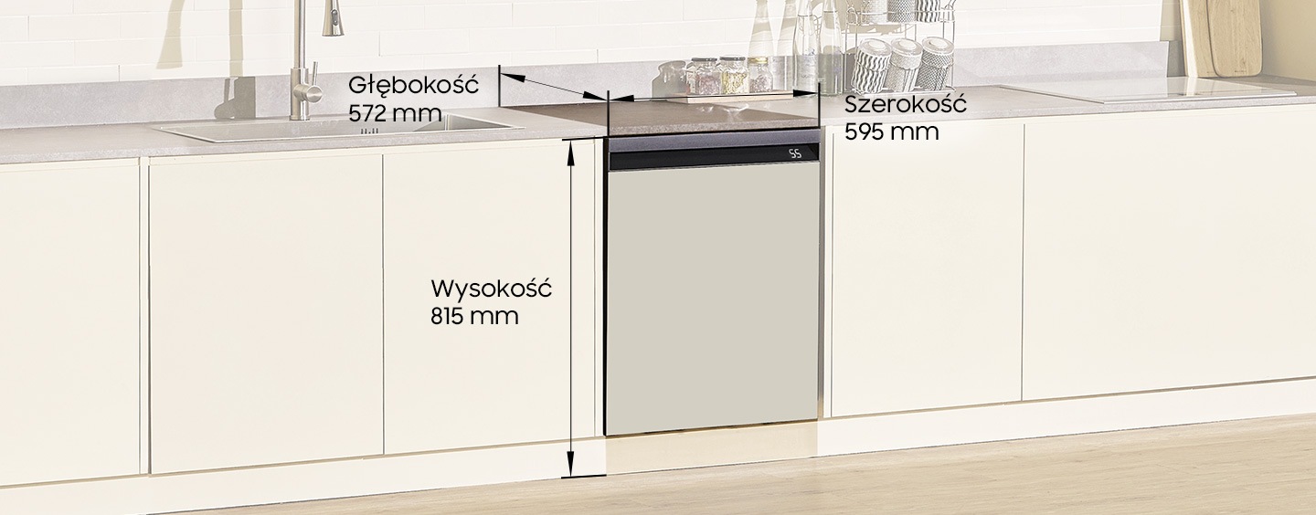 Samsung 60 cm-es DW60BB890UAPET teljesen beépíthető mosogatógép, méretekkel bézs konyhai háttér előtt