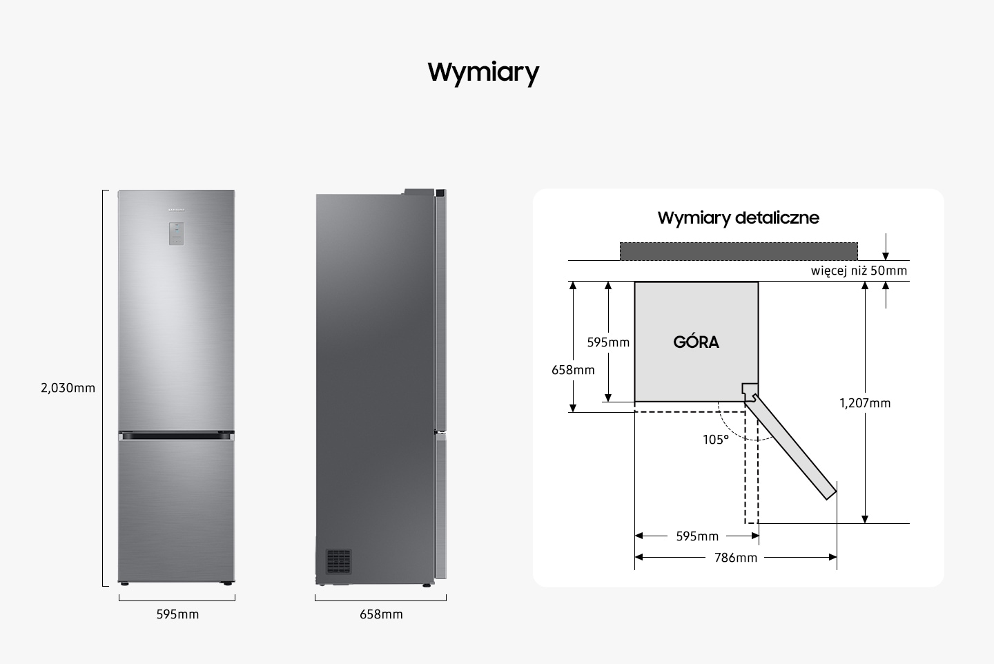 Există vederi frontale și laterale ale RB7300. RB7300 are 2030 mm înălțime, 595 mm lățime și 658 mm adâncime. Când este privit din partea de sus a RB7300, dimensiunea detaliului este de 595 mm fără ușă și 658 mm inclusiv ușa. Ușa este deschisă până la 105°, cu o lățime de 786 mm și o lățime frontală de 595 mm când ușa este deschisă la 90°. Când ușa lui RB7300 este deschisă la 90°, lungimea de la spatele produsului până la partea din față a ușii va fi de 1207 mm, iar produsul trebuie instalat cu un spațiu mai mare de 50 mm față de perete.