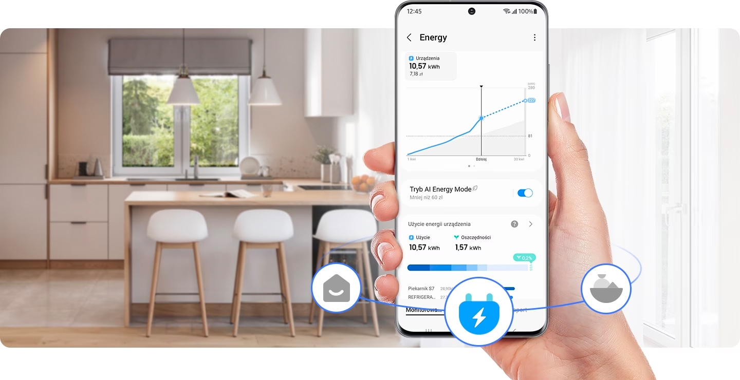 Aplicația SmartThings este pe ecran. Modul SmartThings AI Energy este activat.