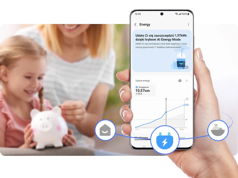 O persoană utilizează SmartThings Energy și verifică consumul de energie.
