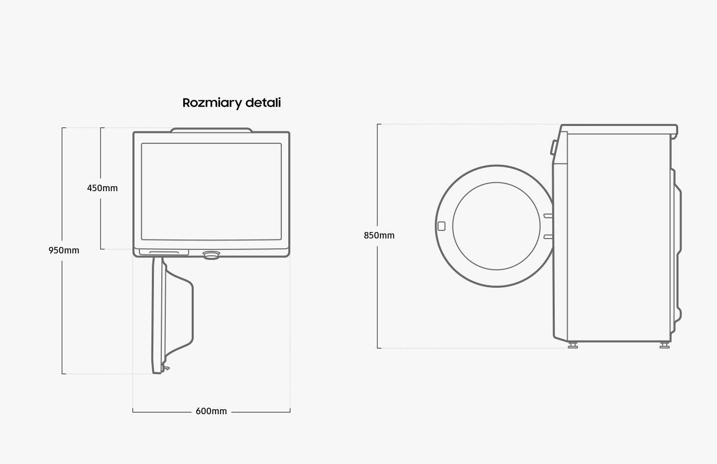 Mașina de spălat are 600 mm lățime, 450 mm adâncime și 850 mm înălțime. Adâncimea este de 950 mm când ușa este deschisă la 90 de grade.
