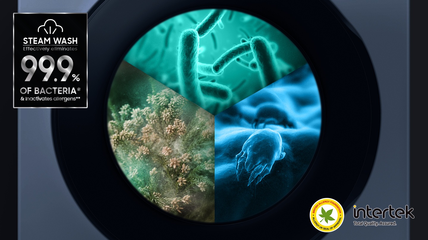 Spălare cu abur certificat de Intertek, aburul este dispersat în interiorul ușii mașinii de spălat pentru a elimina alergenii și bacteriile până la 99,9%.