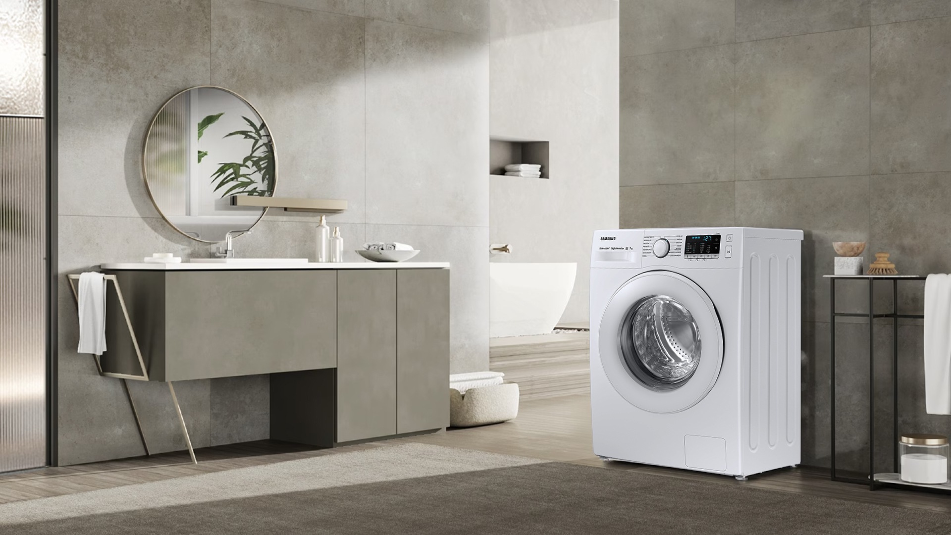 WW5100A este instalat în dulapul de baie. Se potrivește bine cu atmosfera modernă și luxoasă.