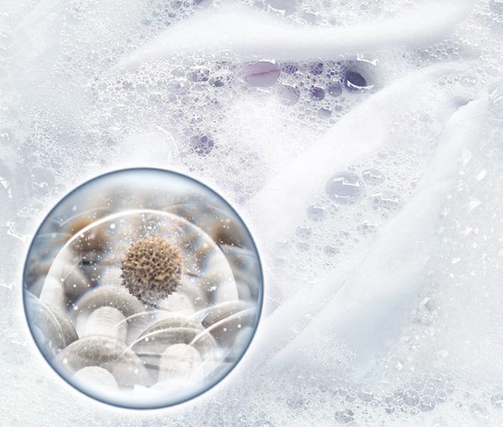 Curățarea intensivă îndepărtează orice fel de pete dure și bacterii în cele mai eficiente moduri. Hainele cu pete de murdărie și pete sunt înmuiate în bule și se desprind ușor.