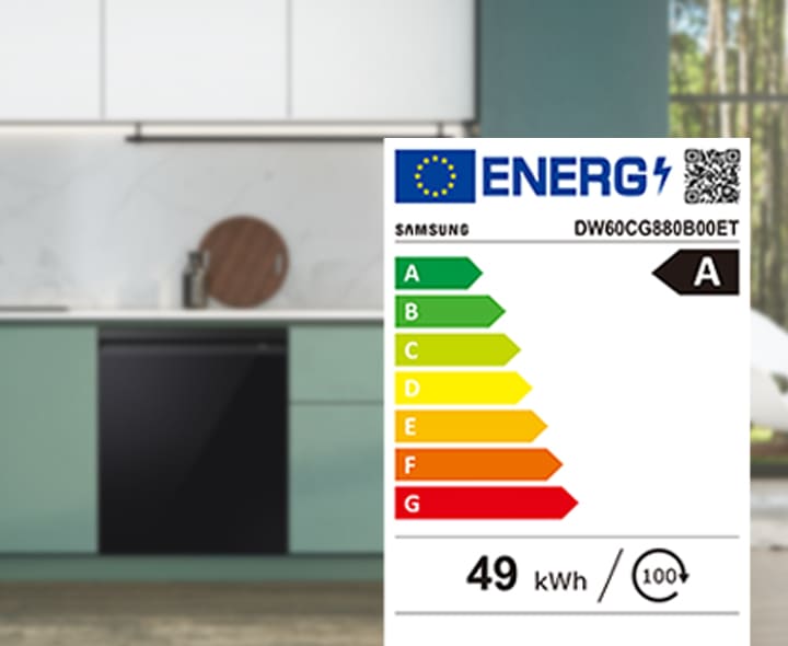 Afișează eticheta energetică a mașinii de spălat vase, cu ratingul A și datele cheie de performanță - 49 kWh pentru 100 de cicluri.