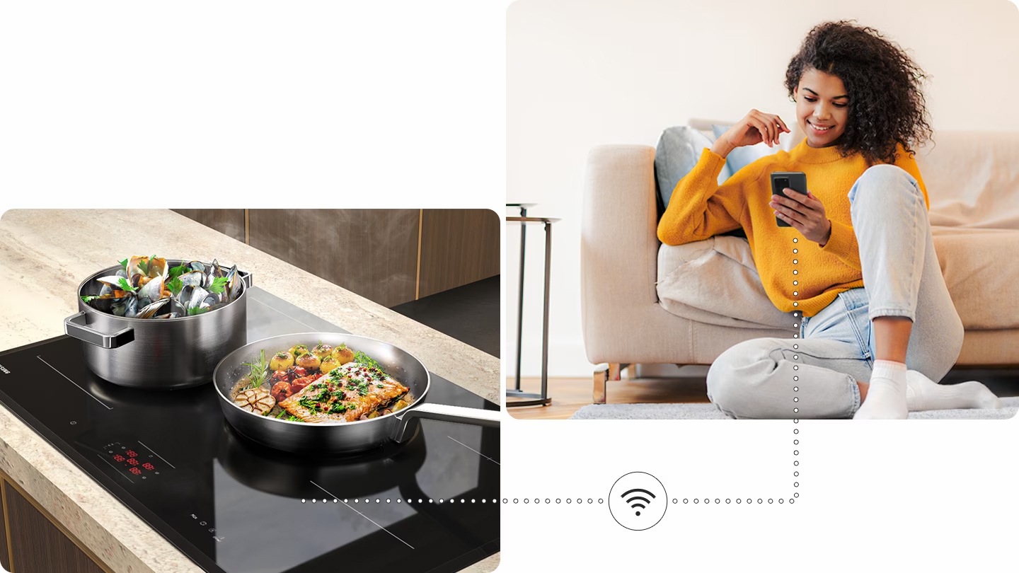 Două oale cu mâncare delicioasă fierb pe plita, iar o femeie monitorizează starea plitei de la distanță lângă canapea prin aplicația SmartThings de pe smartphone-ul ei.