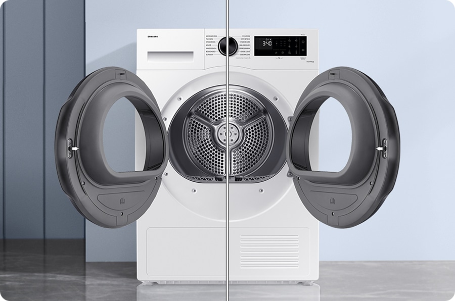 Белая сушилка для белья OptimalDry DV80CGC2B0AE с возможностью изменения направления открытия дверцы