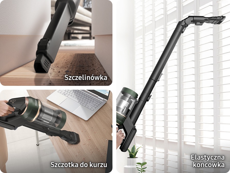 3 Bespoke Jet Plus with different tools are in different locations. One with the crevice tool cleans a narrow space. One with the combination tool cleans dirt on a desk near a laptop. And One with the flex tool cleans a high window sill.