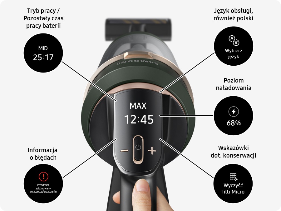 A hand holds a Bespoke Jet Plus and the close-up of its LCD digital display is in the middle, surrounded by 5 different displays that could appear: Suction power/running time, Error guide, Available in various local languages, Charging status, and Maintenance guide.