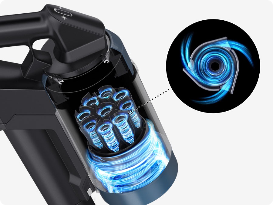 A closeup illustration inside a Bespoke Jet Plus shows 9 Jet Cyclones. Blue streaks demonstrate the airflow and the close up of it form a vortex inside each cyclone.