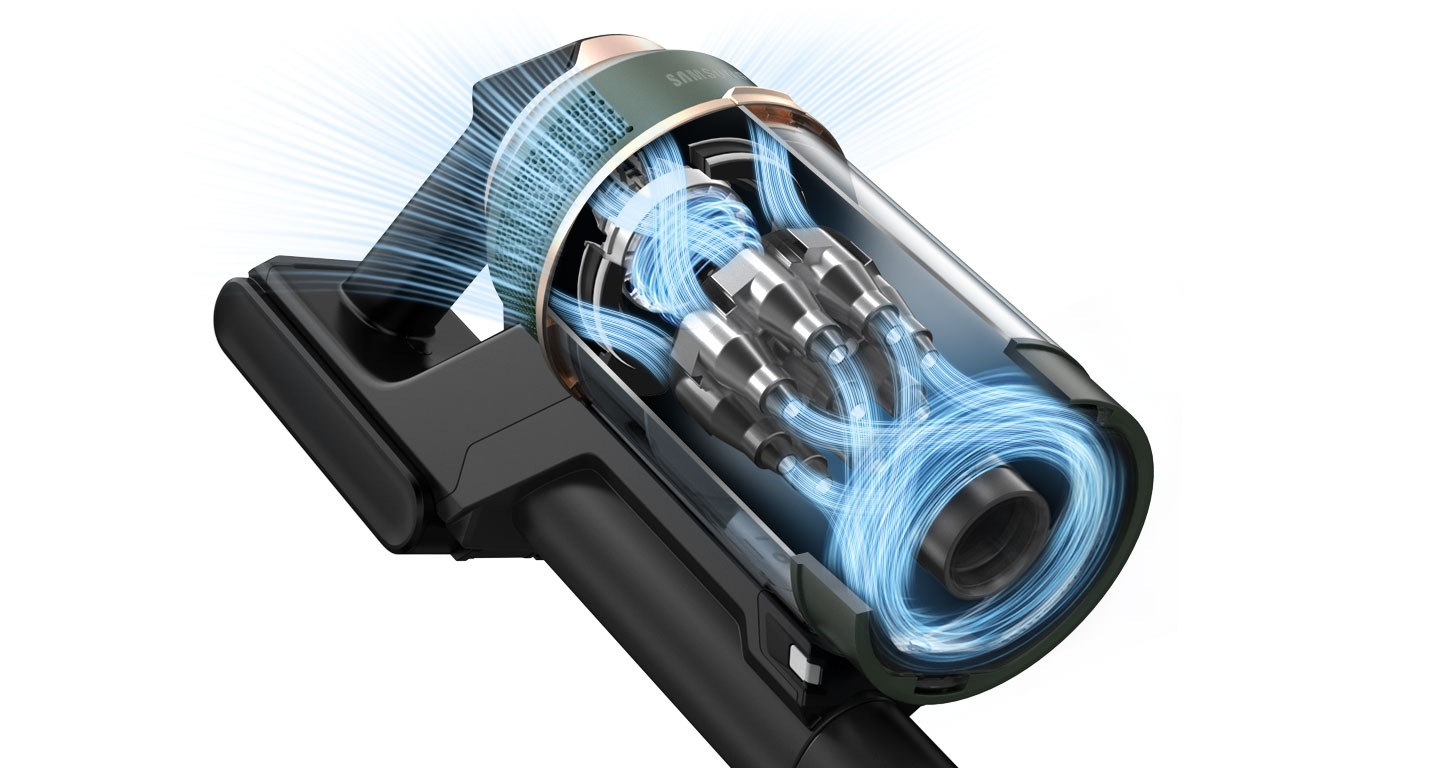 A close-up internal illustration a Bespoke Jet Plus's HexaJet Motor has blue streaks demonstrating the powerful suction.