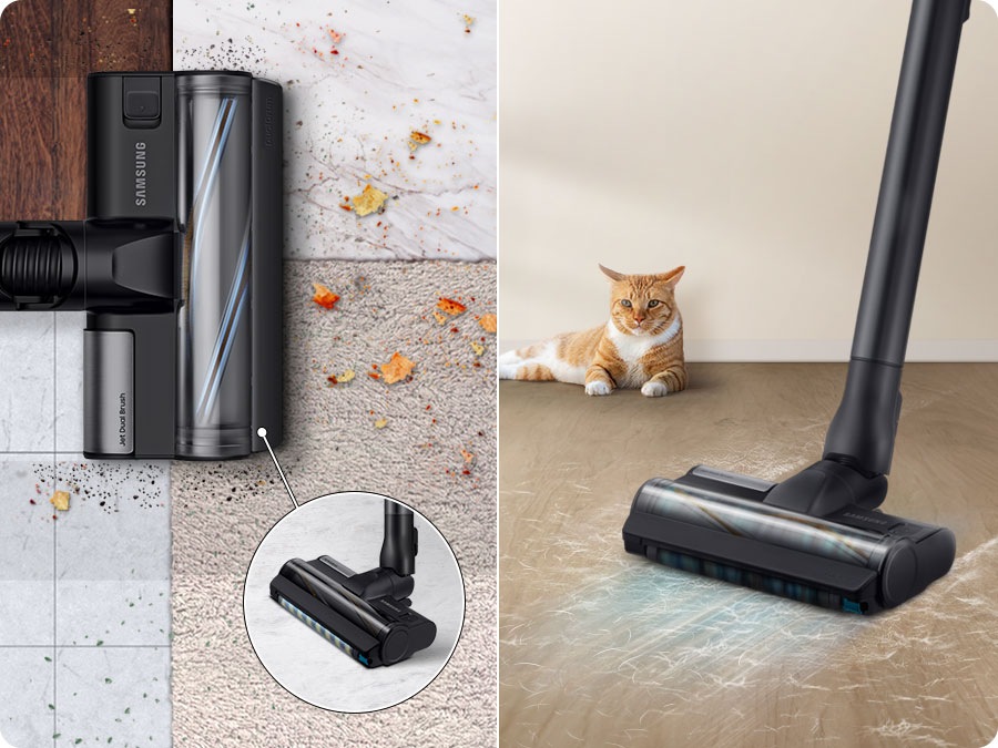 A Bespoke Jet Plus with a jet dual brush attachment cleans a surface with four different floor surfaces, each covered in dust and chips: wood, tile, carpet, and marble. Next to it is a small close-up attachment from a different angle revealing the yellow and blue brush inside. It also cleans pet hair clumps on the floor and a cat is sitting next to it.