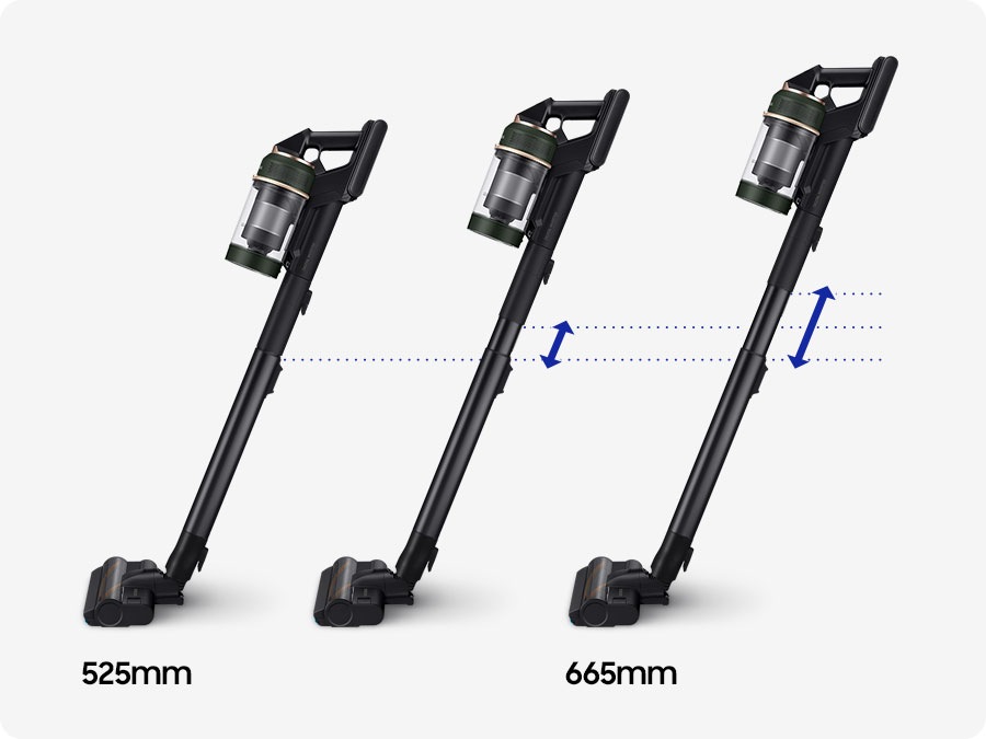 3 Bespoke Jet Plus stand side-by-side at different height adjustments. Arrows indicate it can be set between 525 and 665mm.