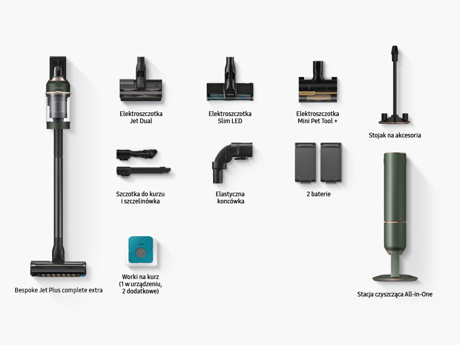 The components that come in the box include Bespoke Jet Plus Complete Extra, Jet Dual Brush, Slim LED Brush, Pet tool+, Combination Tool & Long Reach Crevice Tool, Flex tool, Dust bags(1 installed, 2 extra), 2 batteries, Accessory Cradle, All-in-one Clean Station.