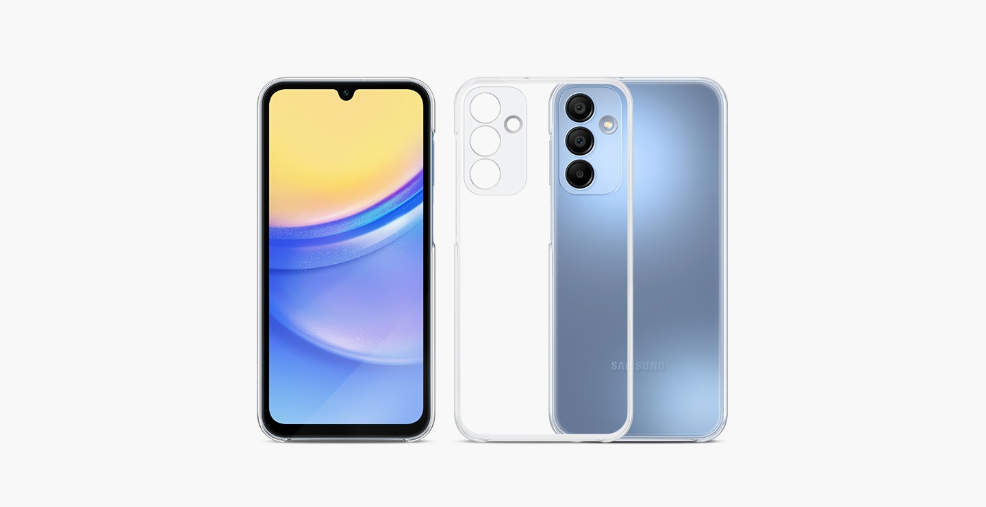 Dwa niebieskie urządzenia Galaxy A15 5G. Jeden z zainstalowanym etui Clear Case widoczny od przodu z kolorową grafiką na ekranie. Drugi widać od tyłu. Przezroczyste etui umieszczone jest przed urządzeniem Galaxy A15 5G, podkreślając przezroczystość obudowy.