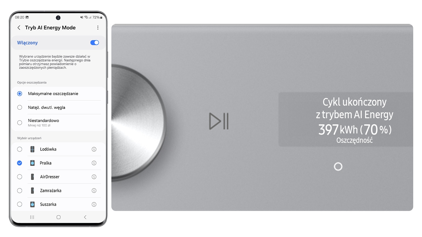 Az AI-Energy Mode úgy aktiválható, hogy az üzemmód gombot „Be” állásba állítja, és kiválasztja az okostelefonon futtatni kívánt eszközt. A ciklus AI energiamóddal van kiegészítve, amely 397 Wh (70%) energiát takarít meg. ※ A látható képek illusztrációk. Az eredmények a tényleges használati körülményektől függően változhatnak.