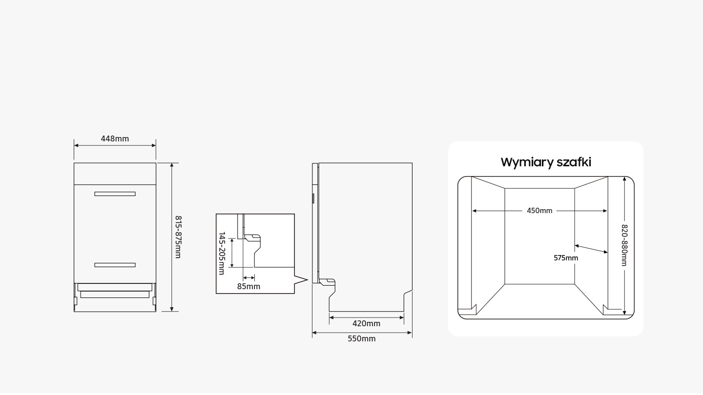 A diagramok kiemelik a mosogatógép méreteit: magasság = 815-875 mm, szélesség = 448 mm, mélység (ajtóval együtt) = 550 mm, a padló szomszédos felületének mélysége (az ajtó és a hátsó kiemelkedés nélkül) = 420 mm. Az ajtó alja 145-205 mm-rel magasabban van, mint az alap, mögötte pedig 85 mm-es rés van, hogy kinyíljon. Egy másik diagram a szekrény méreteit mutatja, amelybe a mosogatógép beszerelhető: magasság = 820-880 mm, szélesség = 450 mm, mélység = 575 mm.