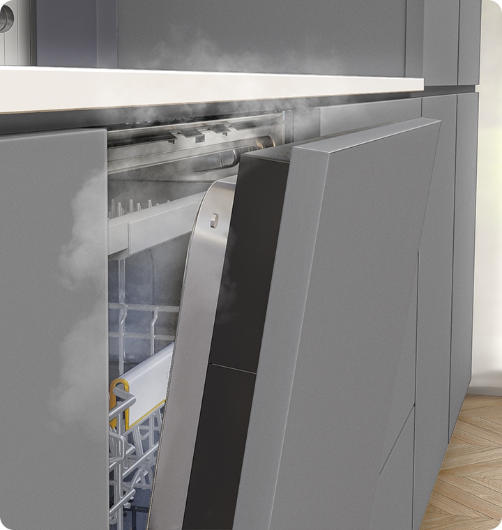 Shows how the door opens automatically when a cycle ends, so that steam escapes and everything dries quickly and effectively.