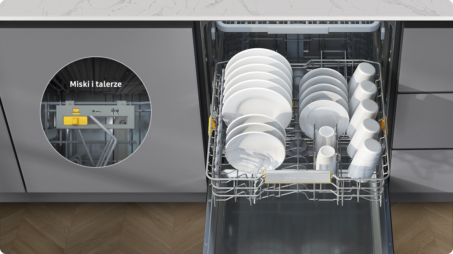 Shows the middle rack full of cups and plates. A close up of the switch at the back of the rack shows that its tines have been automatically adjusted to hold bowls & plates.