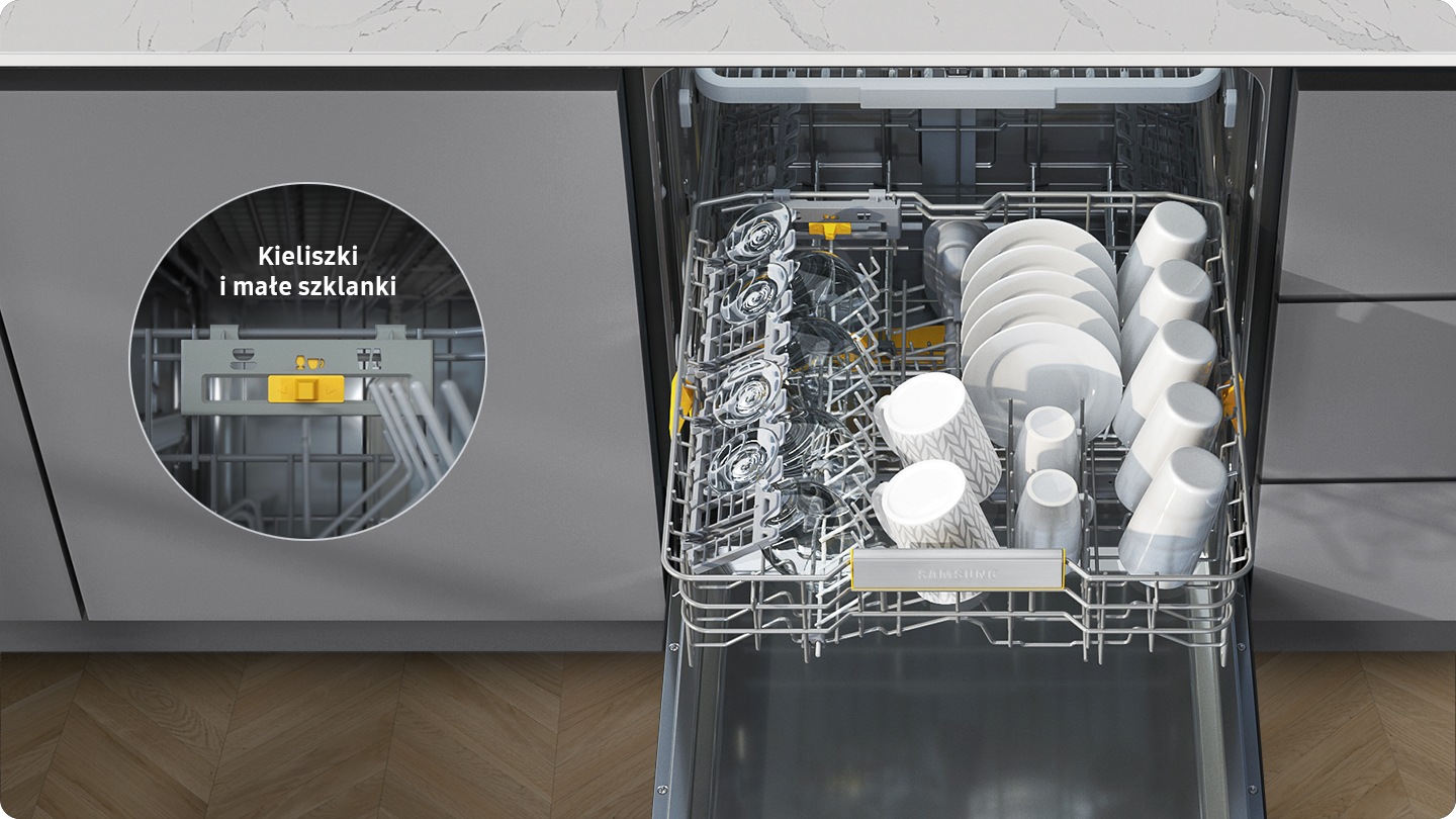 Shows the middle rack full of various sized cups, plates and glasses. A close up of the switch at the back of the rack shows that its tines have been automatically adjusted to hold shorter wine or brandy glasses.