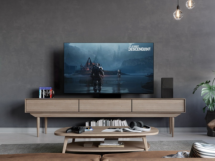 На чорному тлі білий лазерний промінь окреслює верхній край Samsung OLED. Коли він окреслює всі чотири краї, на задньому плані видно телевізор у сучасній вітальні.