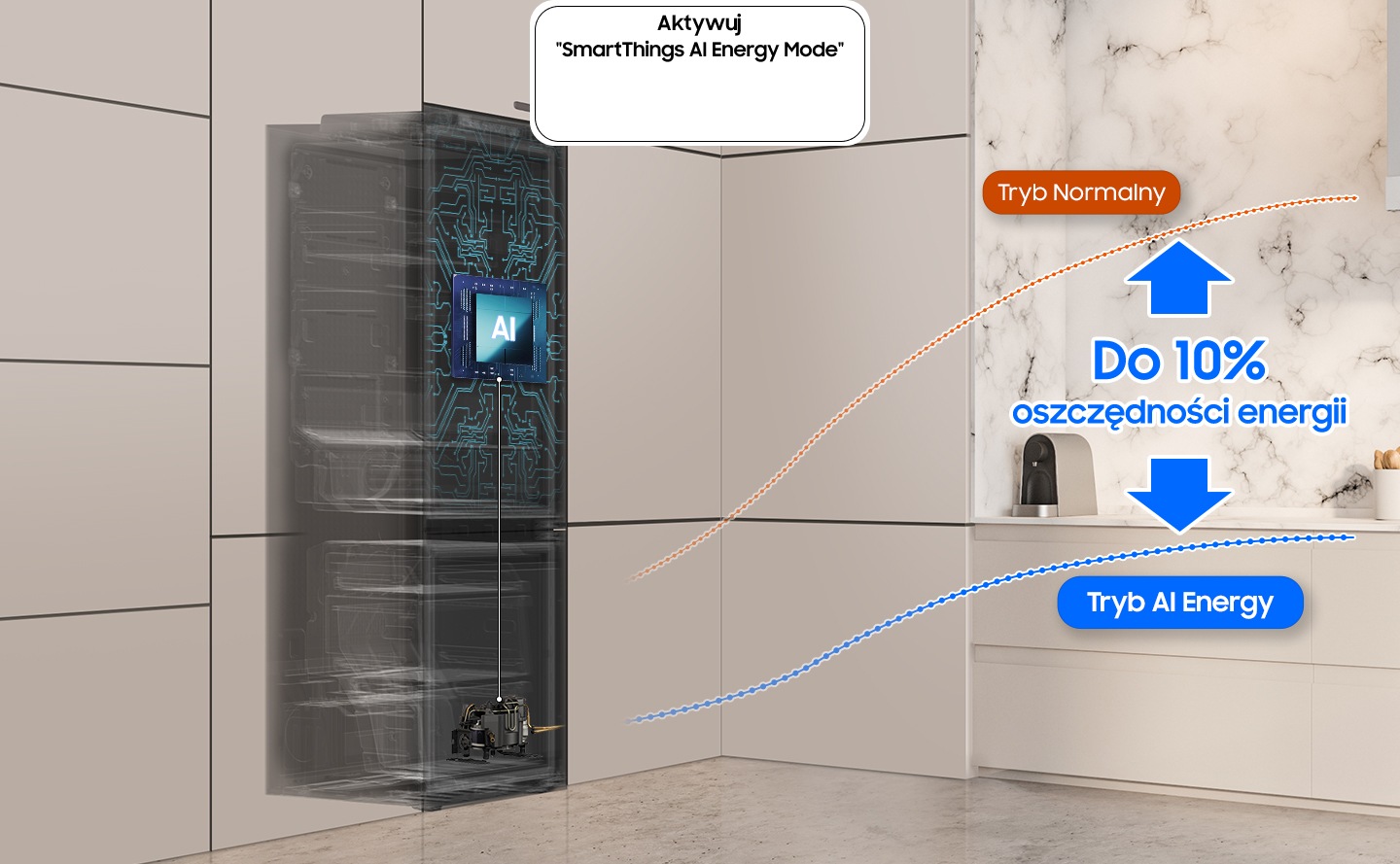 BRB80F30BDS0EO beépített hűtőszekrény a konyhába, bekapcsolt „SmartThings AI energiatakarékos mód aktiválása” gombbal