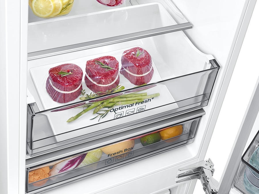 Meat is stored separately in a drawer from vegetables.