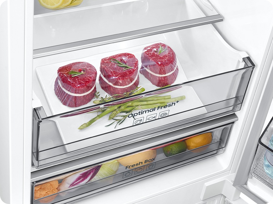 Meat is stored separately in a drawer from vegetables.