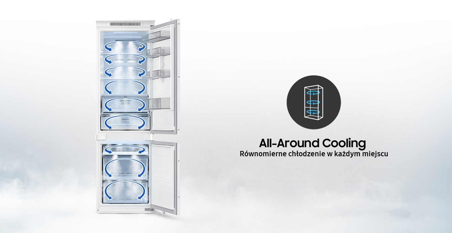 A BRB80F26DES0EO hűtőszekrényben lévő zöldségek és a fagyasztóban lévő lazac a Twin Cooling™ rendszernek köszönhetően jól megőrződik.