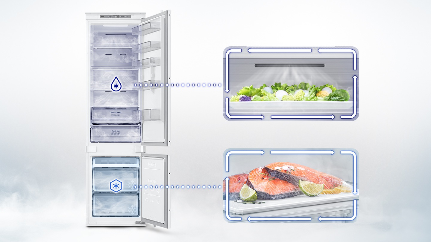 A BRB80F30BDS0EO hűtőszekrényben lévő zöldségek és a fagyasztóban lévő lazac a Twin Cooling™ rendszernek köszönhetően jól megőrződik.