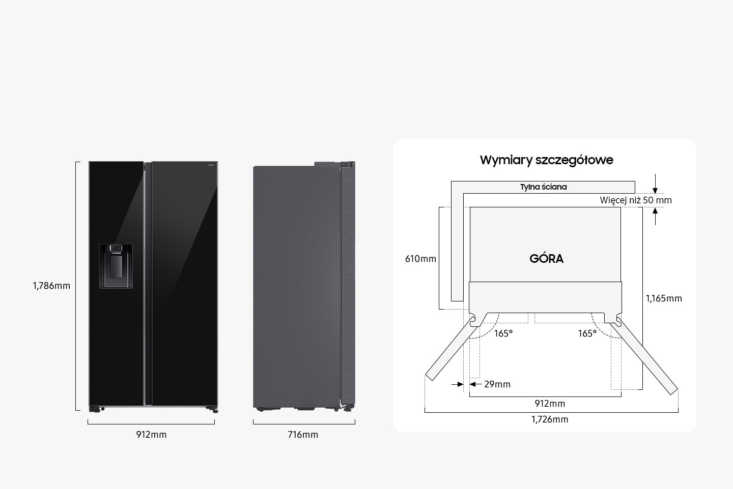 Schemat techniczny lodówki Samsung RS70F64KEBEO – szczegółowe wymiary i zalecenia dotyczące instalacji.