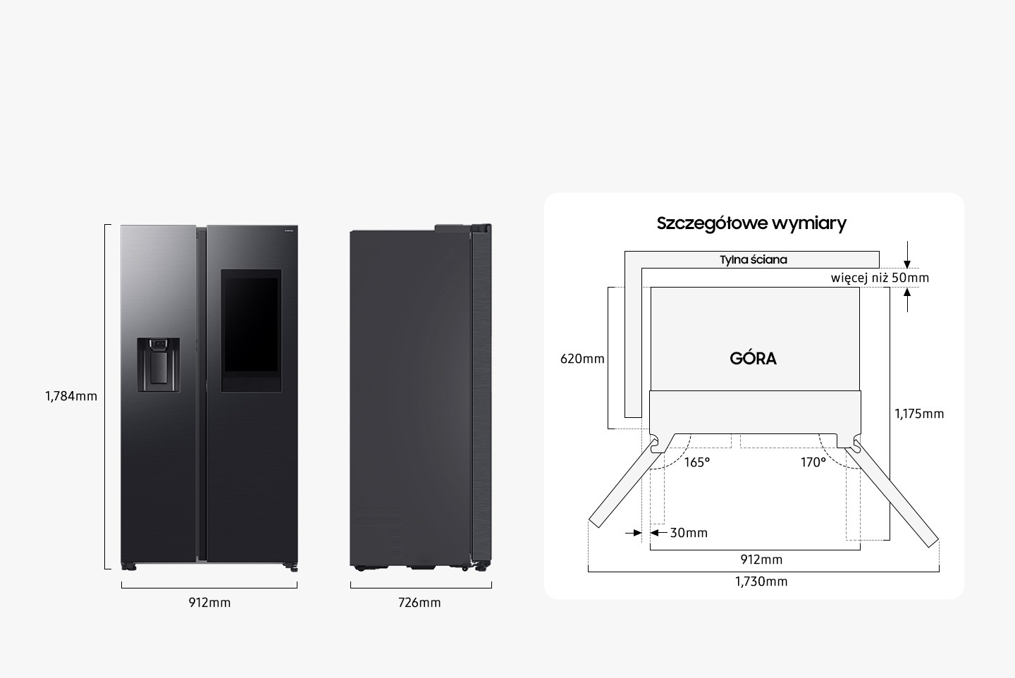 Wymiary grafitowej lodówki Side By Side Side by Side Family Hub AI RS90F66BEFEO: 912 x 1784 x 726 mm.