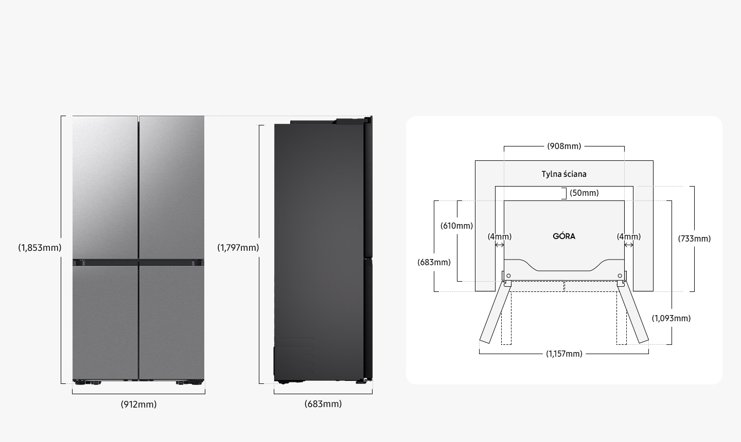 Diagrama dimensiunilor frigiderului Multidoor AI RM70F63NEREO.