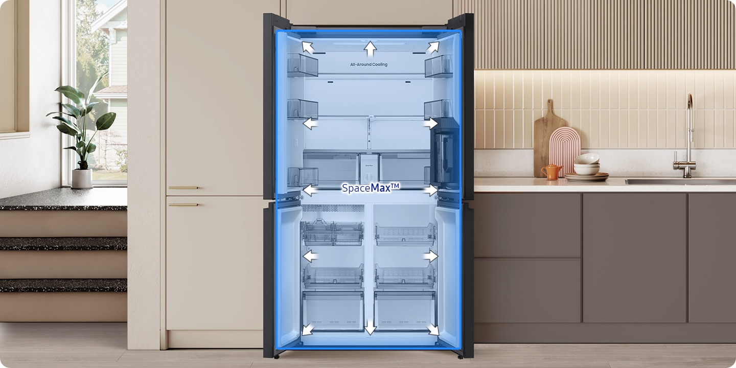 Interiorul frigiderului Multidoor AI pentru dulapul RM70F63NEREO cu o diagramă tehnologică SpaceMax™ aplicată
