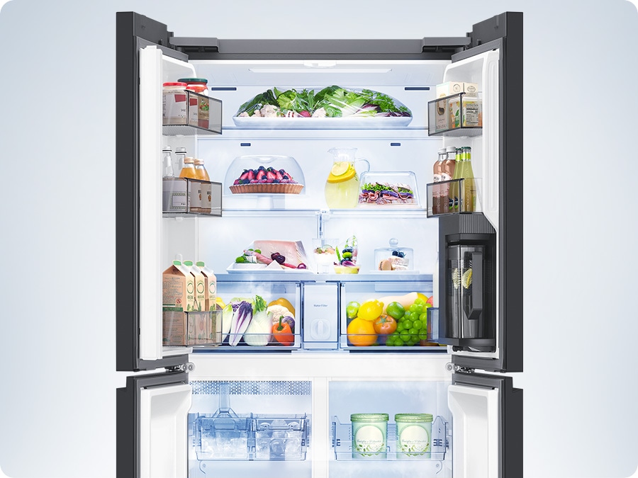 Vedere a frigiderului deschis Multidoor AI, plin cu alimente, cu sistemul All-Around Cooling.