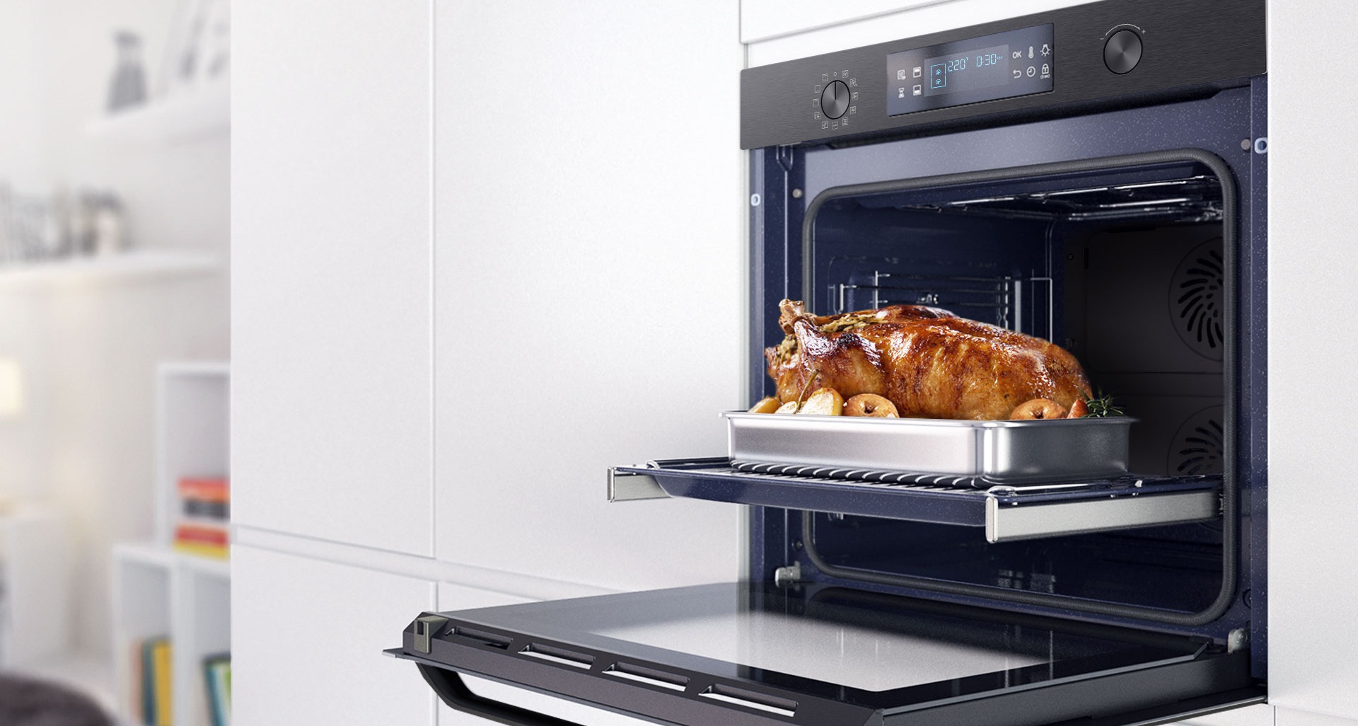 Piekarnik Samsung Dual Cook NV75K5541RM/EO posiada blachy, które dzięki prowadnicom teleskopowym wysuwają się bez wysiłku.