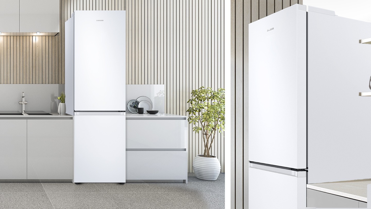 Egy Samsung RB7300T hűtőszekrény áll a kadetkék mosdókagyló mellett, és a konyha minimalista konyhai dekorációnak tűnik.