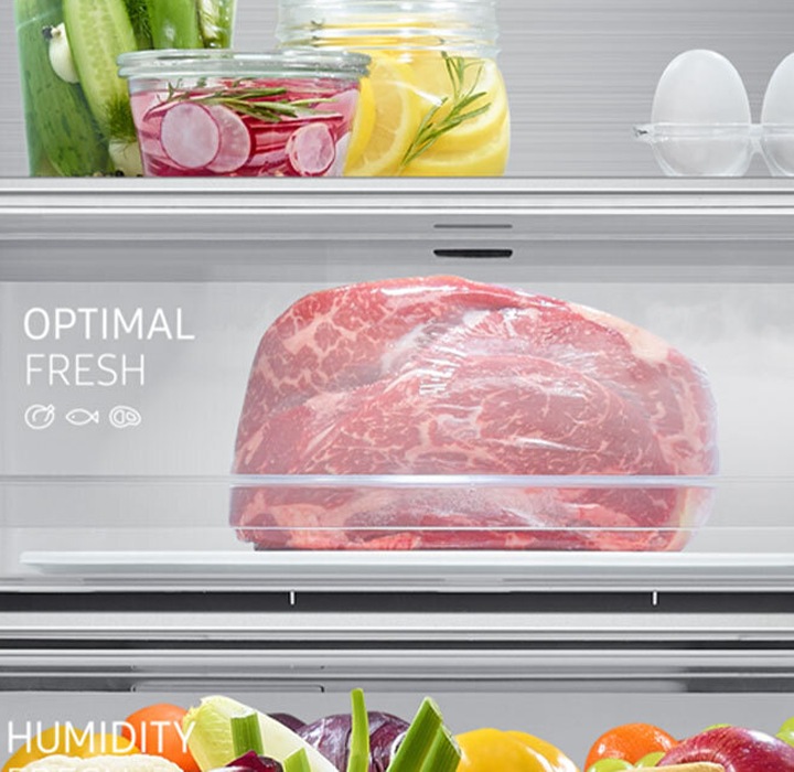 Dłuższa świeżość mięsa dzięki szufladzie Optimal Fresh białej lodówki Samsung No Frost BRB26615FWW/EF.