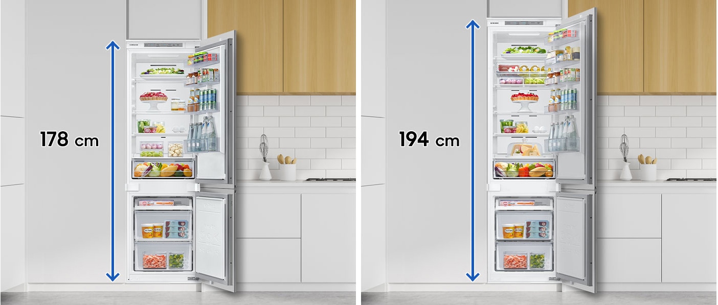 Ez a kép azt mutatja, hogy a Samsung BRB30705DWW/EF No Frost beépített hűtőszekrény mennyivel több helyet kínál egy klasszikus beépíthető hűtőszekrényhez képest.