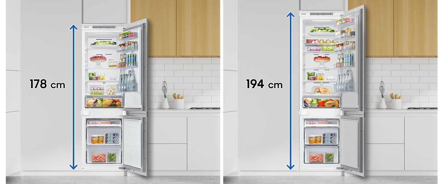 Tato fotografie ukazuje, o kolik více prostoru nabízí vestavná chladnička Samsung BRB30705DWW/EF No Frost ve srovnání s klasickou vestavnou lednicí.