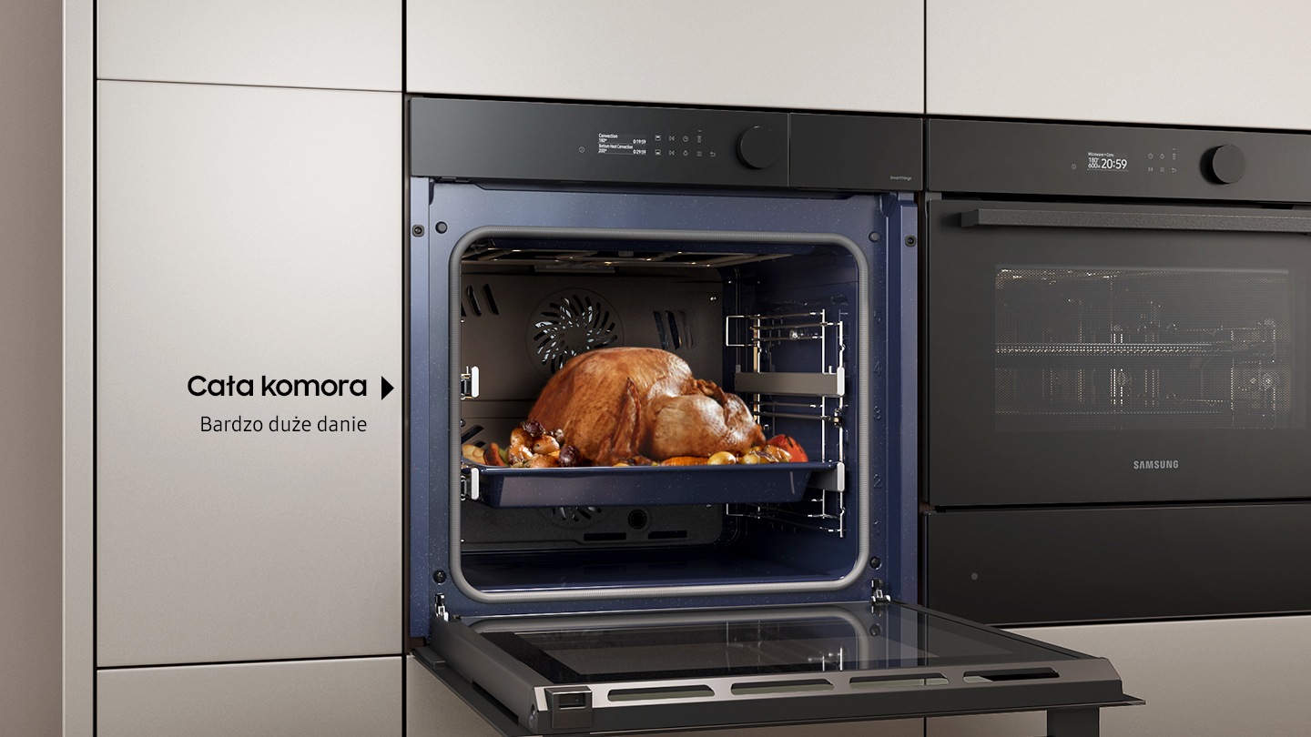 Samsung Steam Cook NV7B5685AAK/U2 gőzsütő Dual Cook funkcióval, amely lehetővé teszi nagy ételek sütését a teljes kamrában