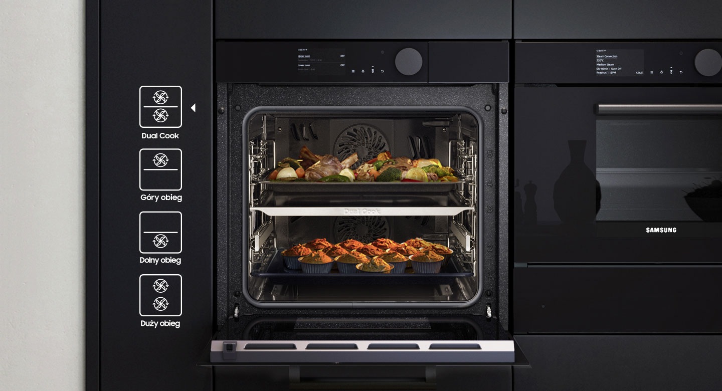 Funkcja Dual Cook pozwala nam na to, by piekarnik elektryczny do zabudowy Samsung NV75T8879RK przygotował więcej niż jeden posiłek naraz.