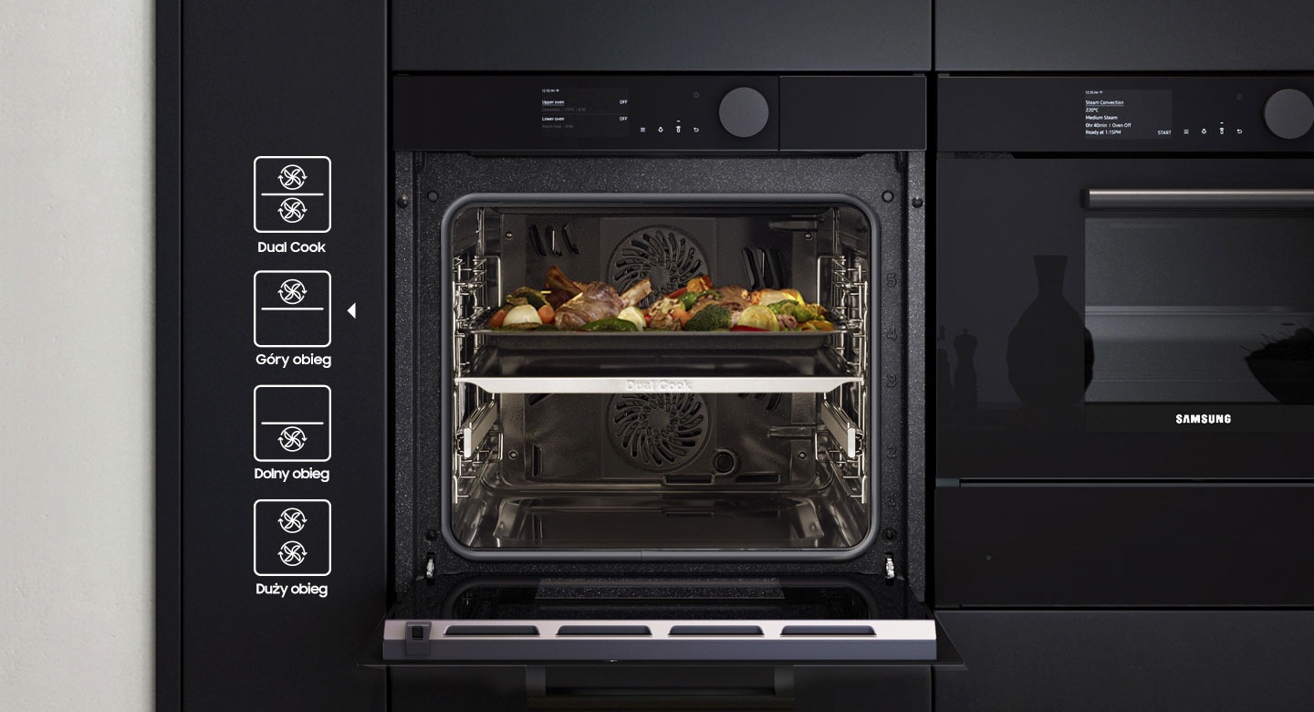 Piekarnik Dual Cook Samsung NV75T8879RK pozwala na to, by bezproblemowo upiec tylko jedno danie, korzystając z górnego obiegu.