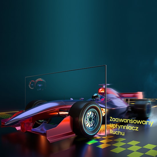 Kolorowy samochód wyścigowy obrazujący większą dynamikę ruchów w telewizorach Samsung Neo QLED 8K QN700C 