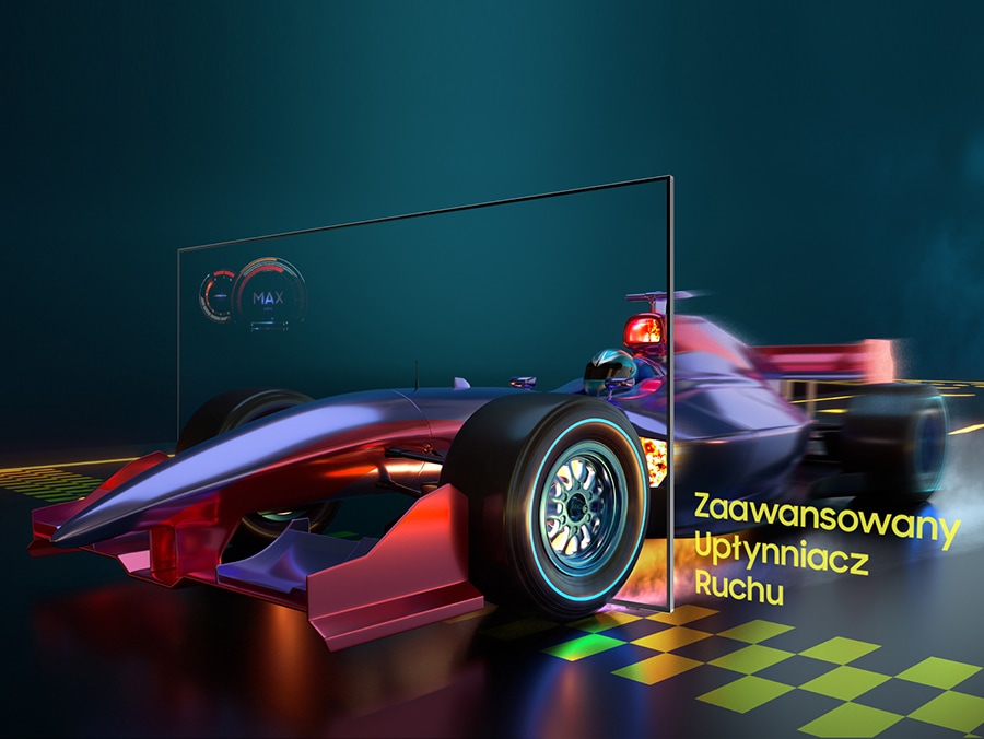 Samochód wyścigowy obrazujący udoskonaloną dynamikę ruchu w telewizorach Samsung Neo QLED 4K QN85C