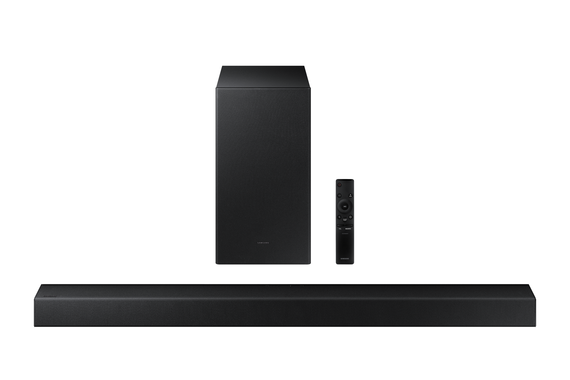 Zdjęcie przedstawia zestaw HW-A450 soundbar, subwoofer i wielofunkcyjny pilot.