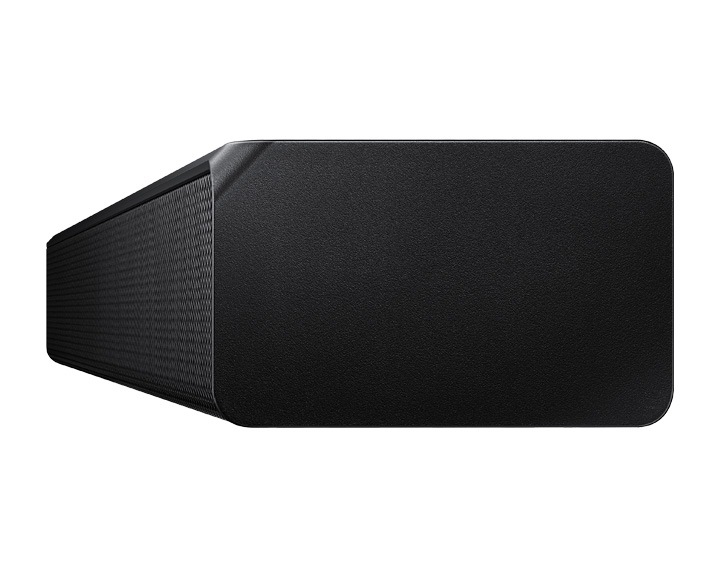 Zdjęcie z dużym zbliżeniem na bok soundbara HW-A550 2.1ch i jego przód.